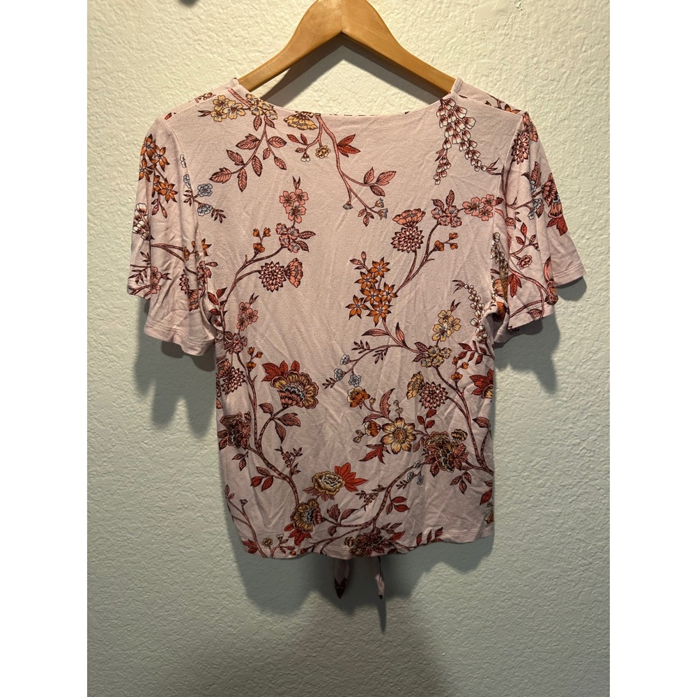 Maurices Pink Floral Button Down Tie Front Flutter Sleeve Top Small - Picture 9 of 13